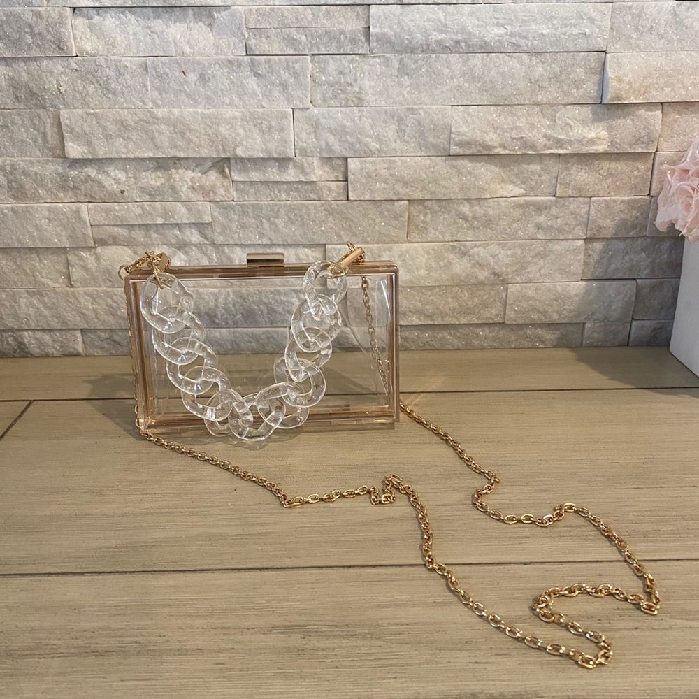 Clear crossbody clutch with gold chain